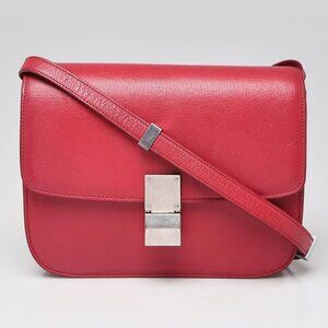 Celine Red Pebbled Calfskin Leather Medium Classic Box Flap Bag